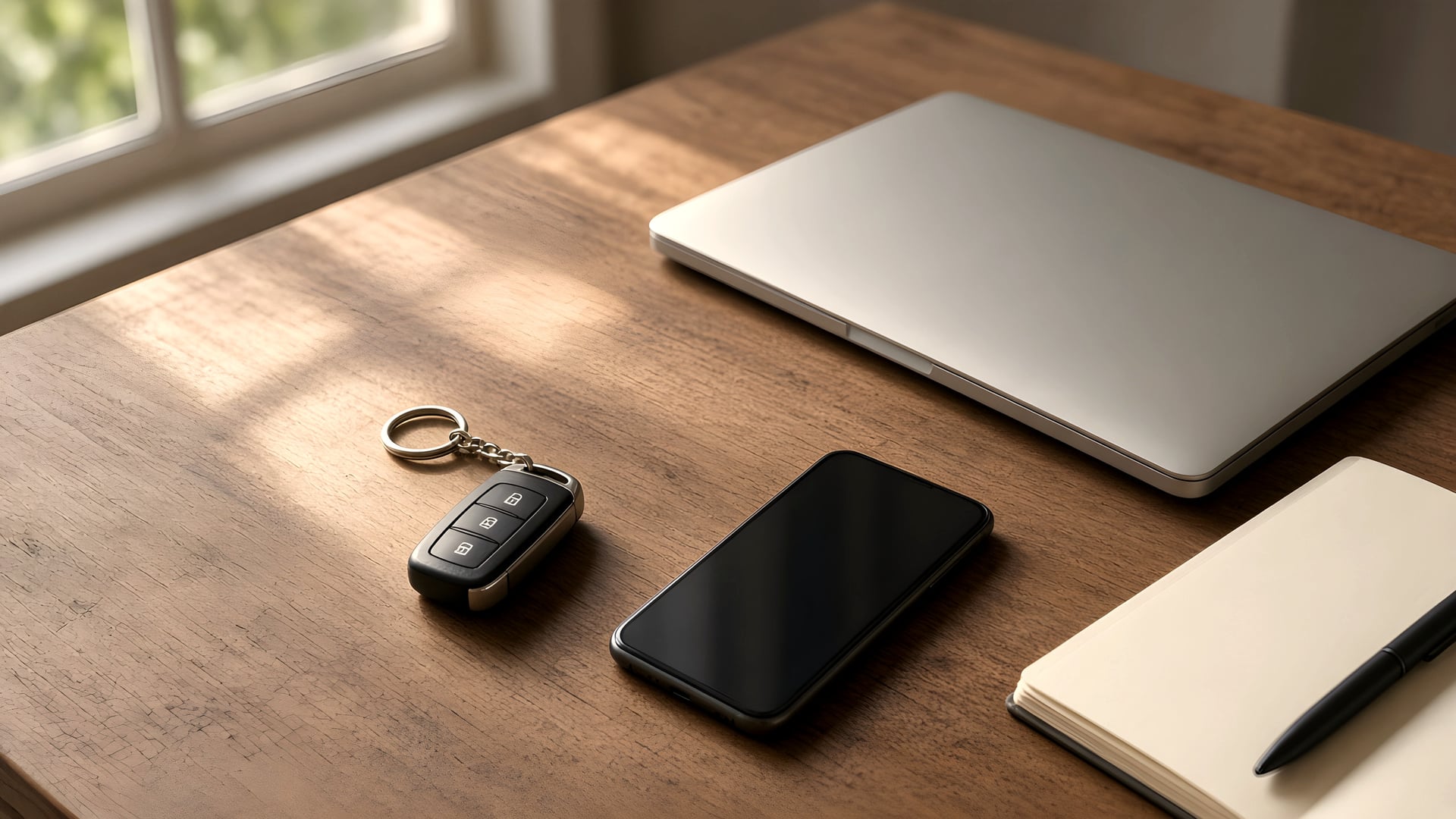 Car keys, a phone, a laptop and a notebook on a sunlit wooden desk