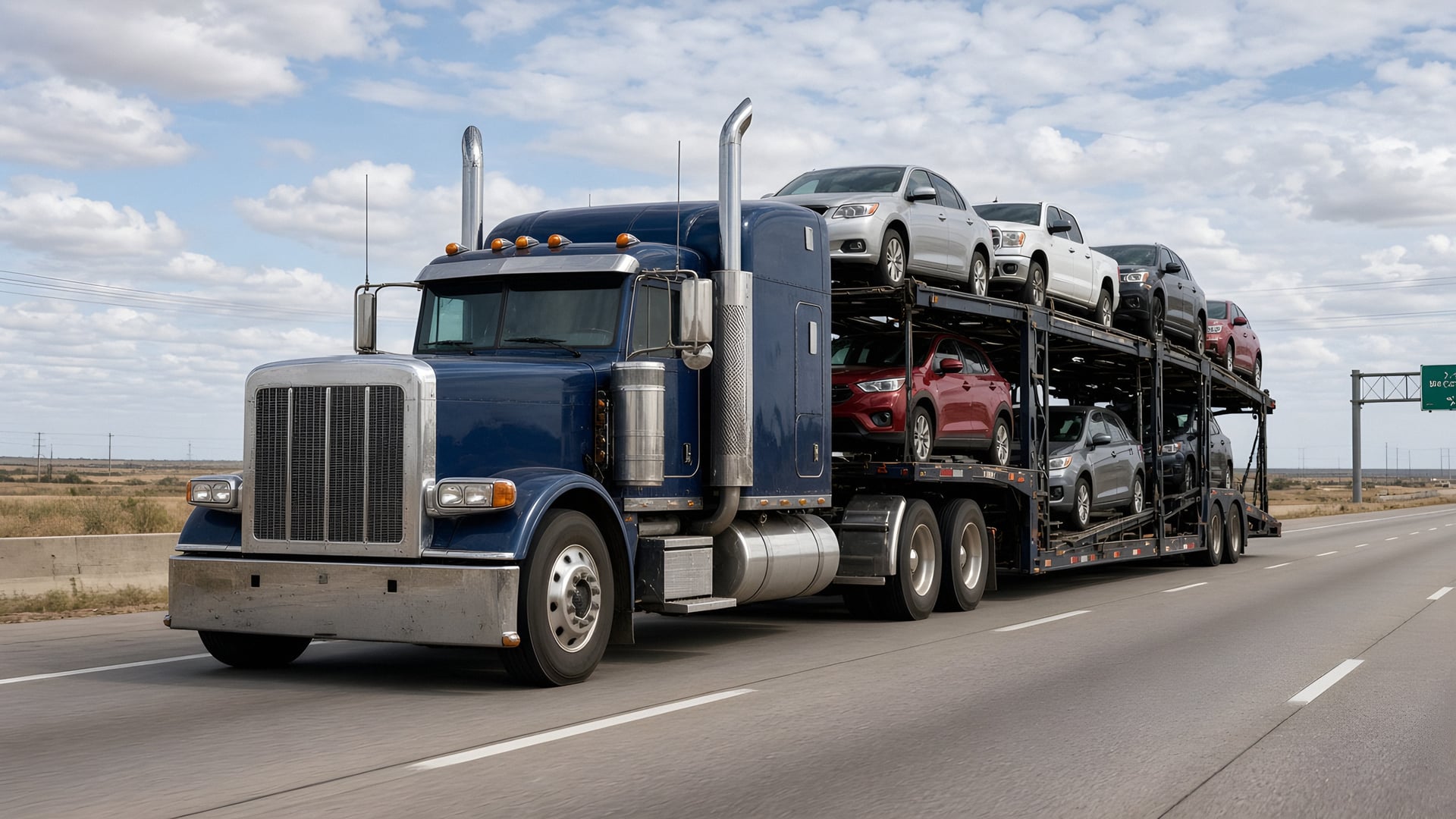 A long-hood American semi truck hauling a loaded two-level open car carrier on an open interstate highway
