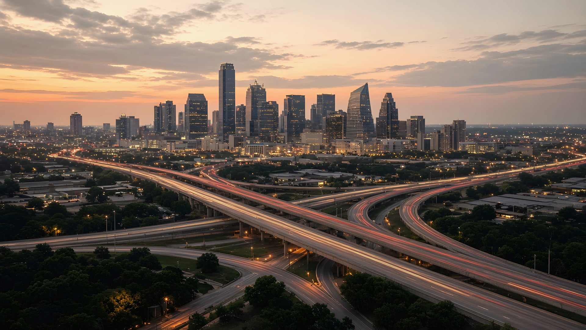 City skyline and highway interchange at dusk