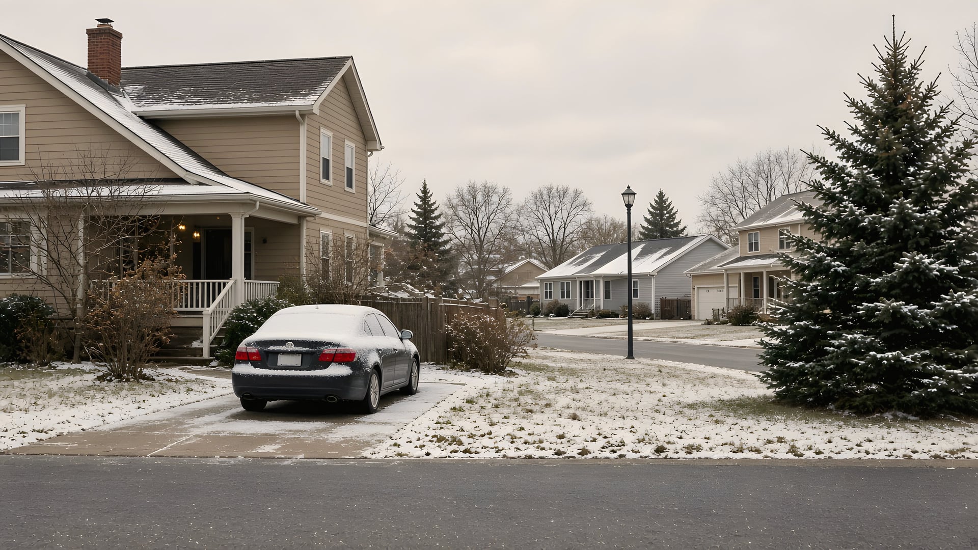 A sedan parked in the driveway of a suburban house after a light snowfall
