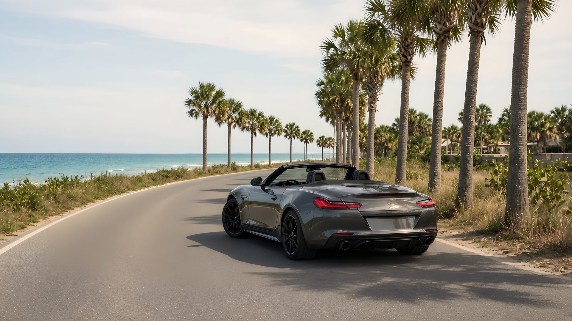 A convertible on a palm-lined coastal road beside the ocean